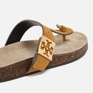 Tory Burch Camel Suede Thong Sandal with Gold Logo Plaque